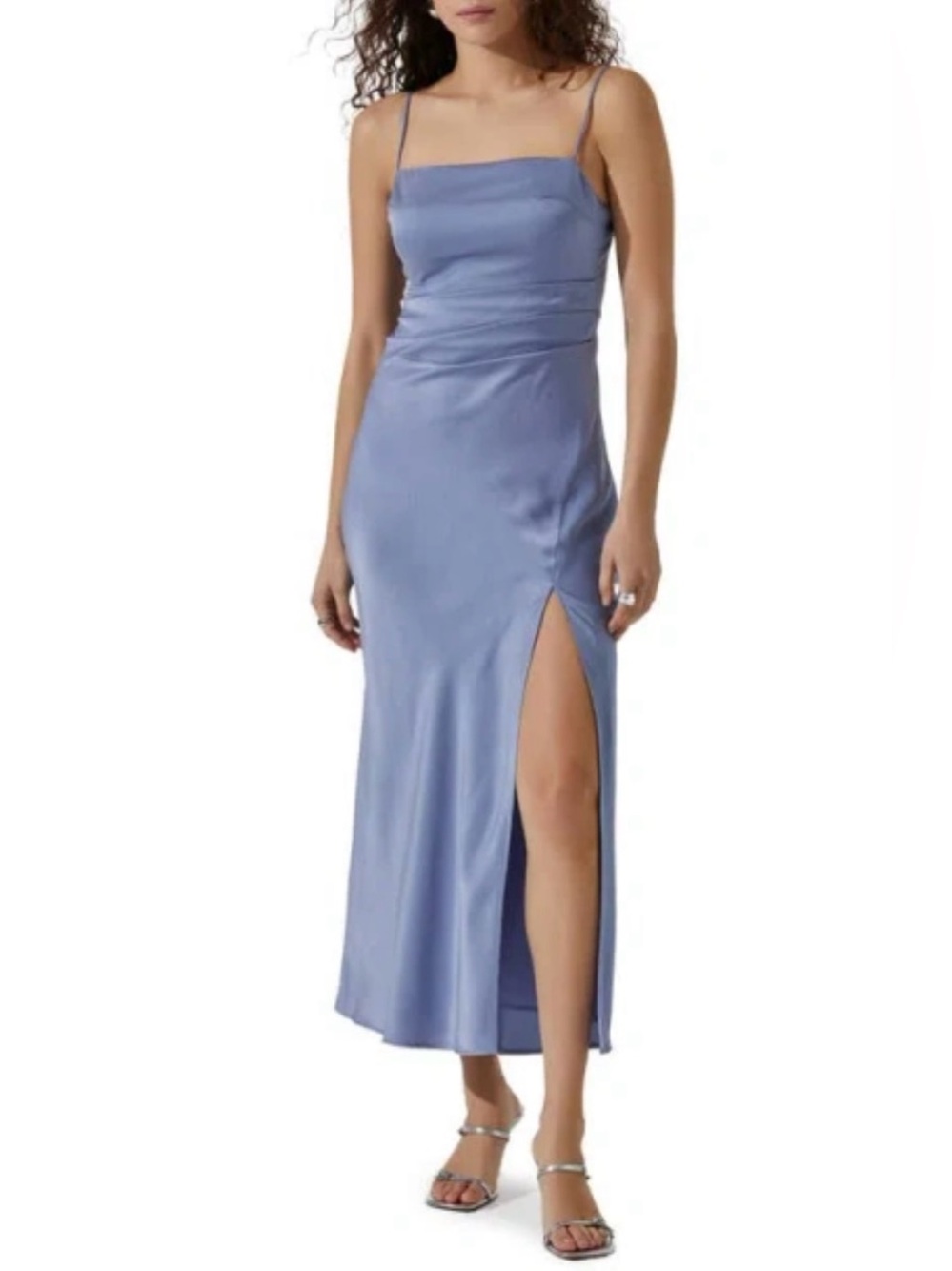 Astr Satin Slip Maxi Dress in Periwinkle Blue with Side Slit